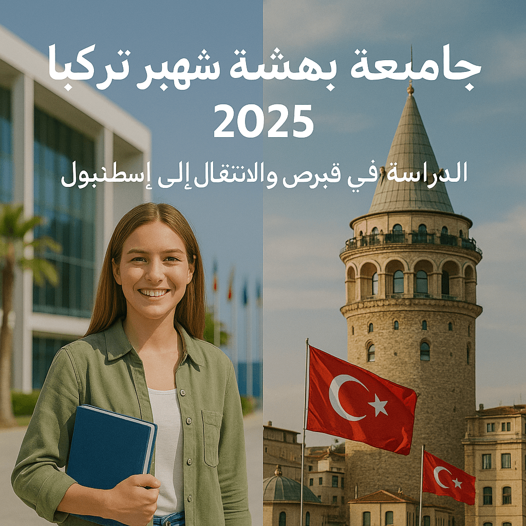 طالبة تحمل كتاباً أمام جامعة بهتشه شهير في قبرص وخلفها برج غلطة في إسطنبول مع العلم التركي