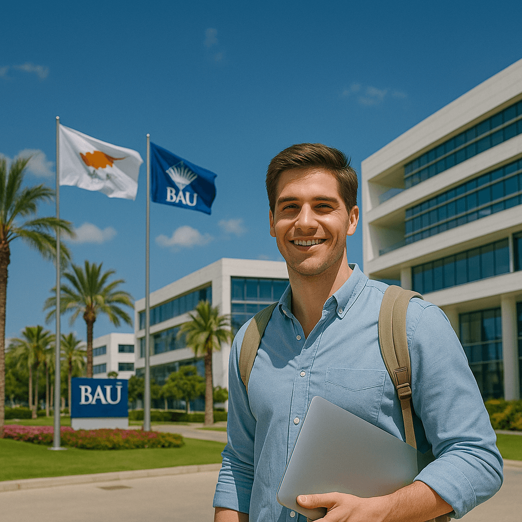 Male student smiling in front of Bahçeşehir Cyprus University campus with flags and modern buildings