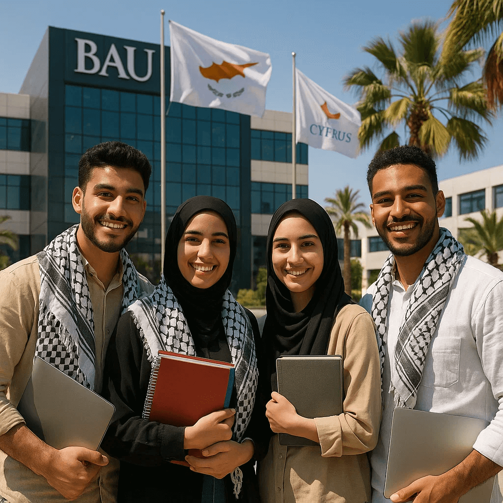 طلاب فلسطينيون أمام جامعة BAU في قبرص التركية يرتدون الكوفية ويحملون دفاترهم الدراسية