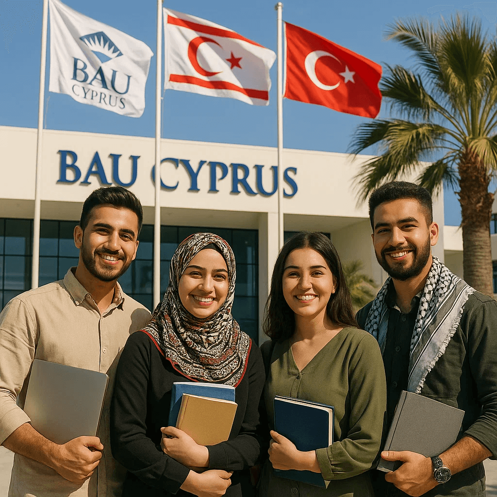 طلاب عراقيون مبتسمون أمام جامعة بهشه شهير في قبرص يرتدون الكوفية ويحملون دفاترهم، في إطار برنامج المنح الدراسية لعام 2025