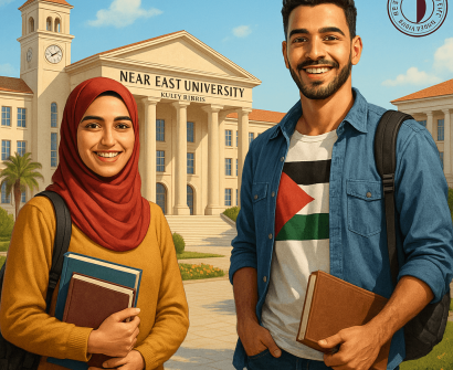 Smiling Palestinian male and female students standing in front of Near East University in Northern Cyprus, holding books and backpacks.