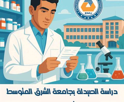 طالب صيدلة في مختبر جامعة الشرق المتوسط EMU يراجع ورقة، مع أدوات مخبرية مثل أنابيب الاختبار والميكروسكوب - برنامج الصيدلة 2025