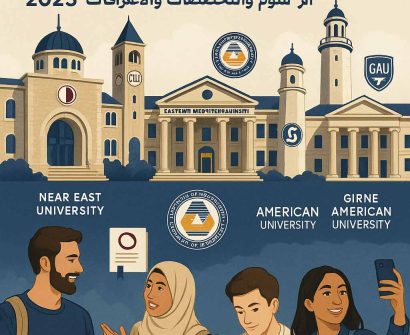 أفضل الجامعات في قبرص الشمالية 2025 – طلاب يتحدثون أمام مباني جامعات مثل جامعة الشرق الأدنى وجامعة الشرق المتوسط