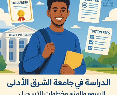 طالب يبتسم ويحمل كتابًا أمام مبنى جامعة الشرق الأدنى، مع رموز تشير إلى القبول والمنح الدراسية والرسوم الدراسية