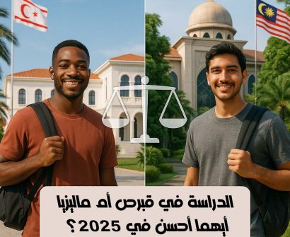 طالبان يقفان أمام جامعتين مختلفتين، الأول في قبرص الشمالية والثاني في ماليزيا، مع رمز الميزان في المنتصف للمقارنة بين الدولتين في مجال التعليم لعام 2025