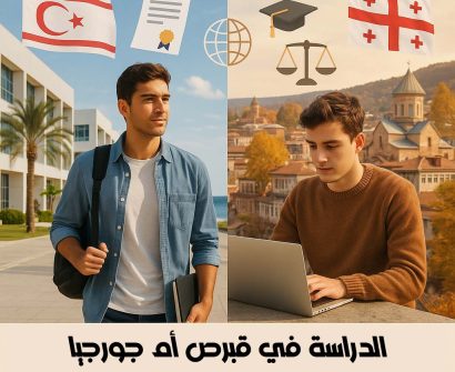 طالبان دوليان أحدهما في شمال قبرص يحمل شهادة تخرج، والآخر في جورجيا يحمل جهاز لابتوب، يقفان أمام معالم تعليمية بارزة مع رموز تمثل الشهادة، العدالة، والتعليم الدولي لعام 2025