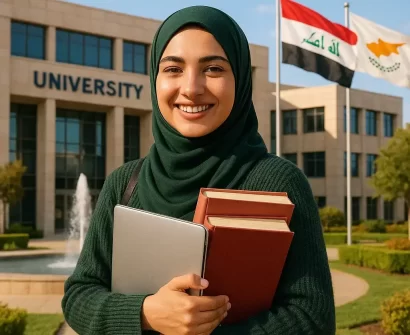 Smiling Iraqi female student in hijab holding books and laptop in front of a university building in North Cyprus, with Iraq and Cyprus flags in the background.