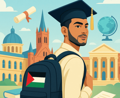 Illustration of a Palestinian student wearing graduation attire and holding a diploma, with a backpack featuring the Palestinian flag and a university campus in the background.