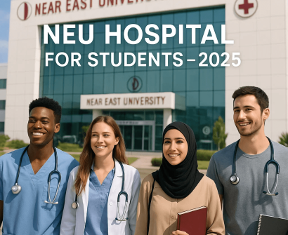 Group of international medical students smiling in front of Near East University Hospital, symbolizing healthcare education opportunities in Cyprus for 2025.
