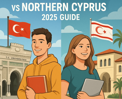 Illustration of students in front of Turkish and Northern Cypriot universities, highlighting a comparison between studying in Turkey and Northern Cyprus in 2025.