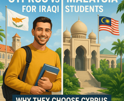 Illustration comparing Cyprus and Malaysia as study destinations for Iraqi students, showing university buildings, national flags, and a smiling student.