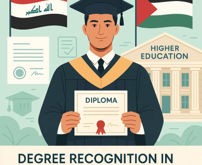 Illustration of a graduate holding a diploma with Iraq and Palestine flags in the background, representing 2025 degree recognition for students in higher education.