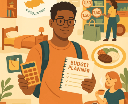 Illustration of an international student holding a calculator and a budget planner, with visuals of groceries, meals, housing, and daily expenses in Cyprus.