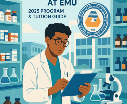 Student studying Pharmacy at EMU in lab environment with beakers, microscope, and university logo - Pharmacy program at EMU 2025