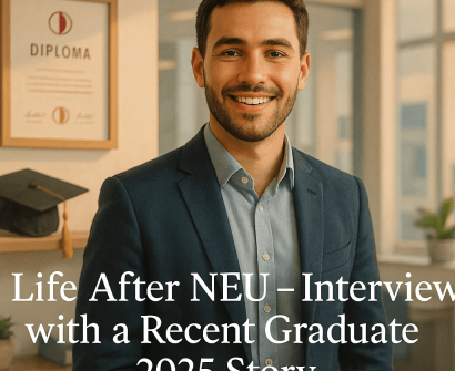 Smiling male graduate in suit standing in an office with a diploma and graduation cap in the background – NEU graduate interview 2025
