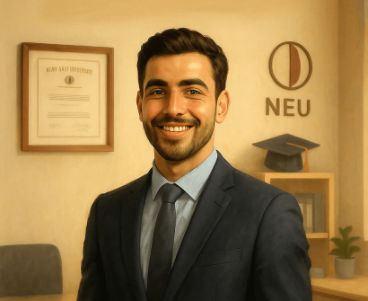 شاب يرتدي بدلة رسمية يبتسم داخل مكتب مع شهادة تخرج وقبعة تخرج في الخلفية – خريج جامعة الشرق الأدنى NEU
