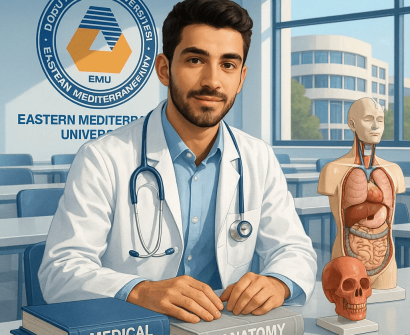 Medical student in anatomy class at Eastern Mediterranean University with anatomical models and textbooks – 2025