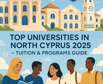 Top universities in North Cyprus 2025 – international students reading in front of university buildings like NEU, GAU, CIU, and University of Kyrenia