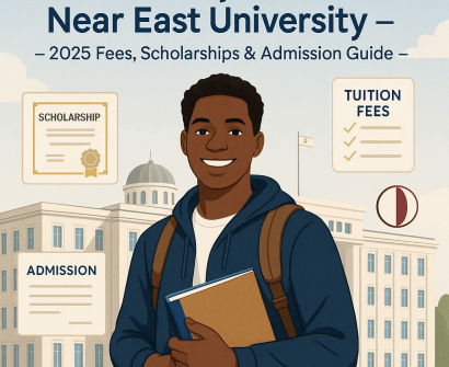 Smiling student holding a book in front of Near East University building with scholarship, tuition fees, and admission icons around