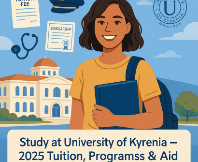 A female student holding books in front of University of Kyrenia, with icons for tuition, scholarship, and aviation in the background – Study in North Cyprus 2025.