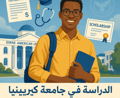 طالب دولي مبتسم يحمل كتبًا أمام مبنى جامعة غيرنه الأمريكية في قبرص الشمالية، تظهر حوله رموز عن الرسوم الدراسية، المنح الدراسية، والتخصصات الطبية – دليلك للعام 2025