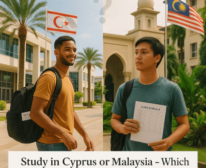 Two international students standing in front of universities in Cyprus and Malaysia with their national flags and a question mark in between, symbolizing an educational comparison for 2025