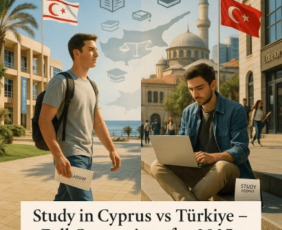 Two students in front of universities in Cyprus and Türkiye, one walking with a scholarship letter and the other studying with a laptop and study permit, with national flags and educational icons representing the study comparison for 2025
