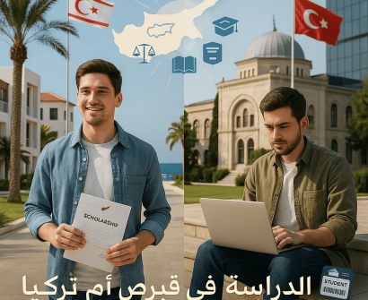 طالبان أحدهما في قبرص والآخر في تركيا، أحدهما يحمل ورقة منحة والآخر يستخدم لابتوب، مع أعلام الدول ورموز أكاديمية على خريطة قبرص، تمثل مقارنة دراسية لعام 2025