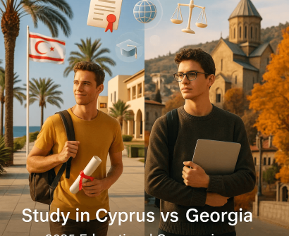 Two international students, one in Northern Cyprus holding a diploma and the other in Georgia with a laptop, standing in front of educational landmarks with icons representing education, law, and global access in 2025