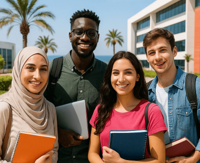 أربعة طلاب دوليين من خلفيات ثقافية متنوعة يبتسمون أمام مبنى جامعي حديث في شمال قبرص، يحملون دفاترهم وأجهزتهم المحمولة، في جو مشمس يعكس بيئة تعليمية إيجابية