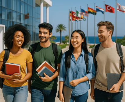 Four international students walking and smiling on a modern university campus in North Cyprus with national flags in the background, showcasing diversity and multicultural education