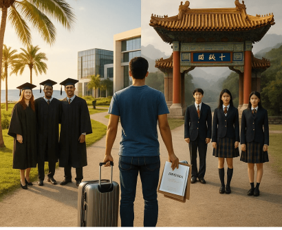 International student standing between two educational paths: modern campus in Cyprus with graduates on one side, and traditional Chinese gate with uniformed students on the other