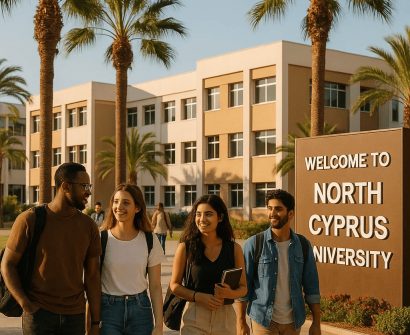 Group of international students walking and smiling in front of a welcome sign at North Cyprus University campus