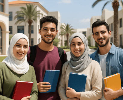 مجموعة من الطلاب العرب يبتسمون ويحملون دفاتر على حرم جامعي مشمس في قبرص الشمالية