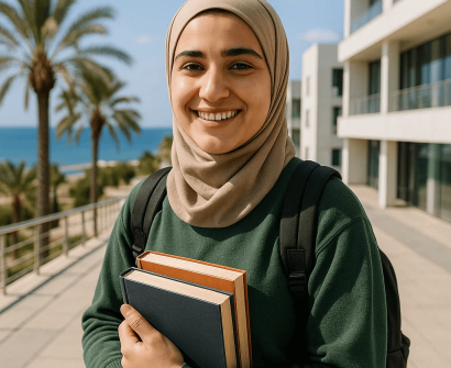 طالبة عربية ترتدي الحجاب وتحمل كتبًا وتقف في الحرم الجامعي المطل على البحر في قبرص الشمالية