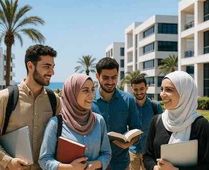 مجموعة من الطلاب العرب في جامعة حديثة بالقرب من البحر في قبرص الشمالية، يحملون كتبًا ويبتسمون