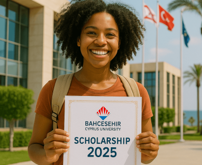 Happy international student holding Bahcesehir Cyprus University Scholarship 2025 certificate