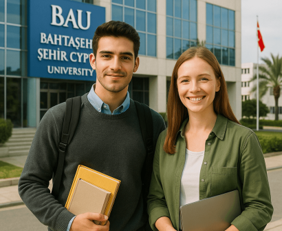 Two international students standing in front of Bahçeşehir Cyprus University building