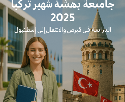 طالبة تحمل كتاباً أمام جامعة بهتشه شهير في قبرص وخلفها برج غلطة في إسطنبول مع العلم التركي