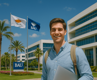 Male student smiling in front of Bahçeşehir Cyprus University campus with flags and modern buildings