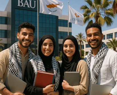 طلاب فلسطينيون أمام جامعة BAU في قبرص التركية يرتدون الكوفية ويحملون دفاترهم الدراسية