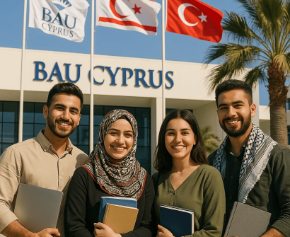 طلاب عراقيون مبتسمون أمام جامعة بهشه شهير في قبرص يرتدون الكوفية ويحملون دفاترهم، في إطار برنامج المنح الدراسية لعام 2025