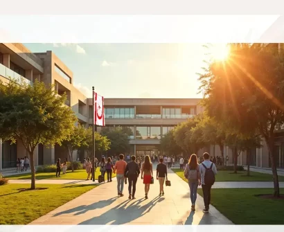 University campus in North Cyprus with students walking under the sunlight, showcasing modern buildings, Turkish Republic of Northern Cyprus flag, and an international student-friendly environment.