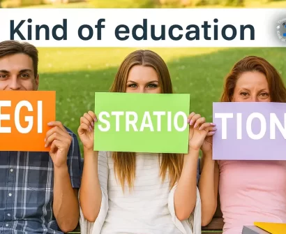 Three students holding signs spelling "REGISTRATION" – university admission open now in North Cyprus through Kind of Education.