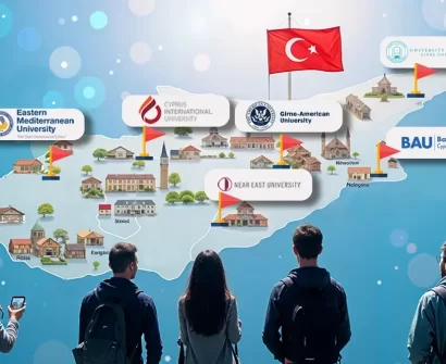 Map of North Cyprus showing locations of top universities including Near East University, Eastern Mediterranean University, Cyprus International University, Girne American University, and Bahçeşehir Cyprus University.